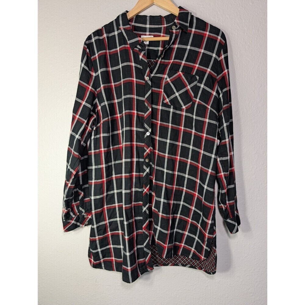 J.Jill Women Plaid Button Down Shirt Black‎ Size Large Pocket Casual Relaxed 113